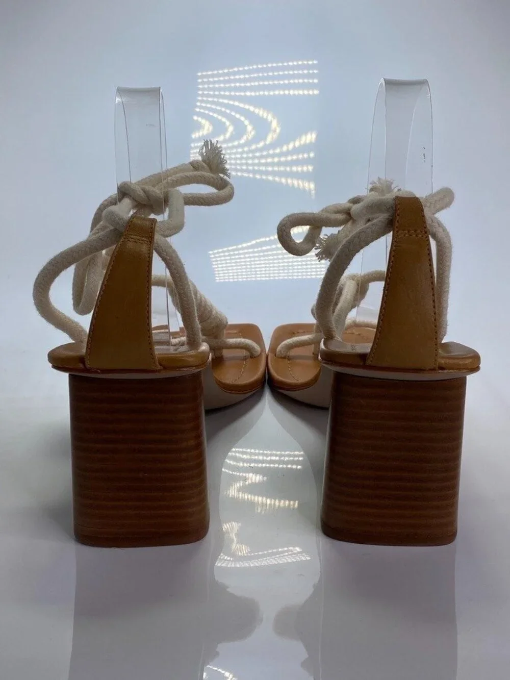 Schutz Women's Angieh  Cream Leather Lace-Up Stacked Heel Sandals Sz 10